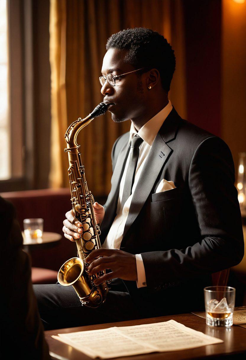 An intimate jazz lounge scene bathed in warm, sultry light, featuring a skilled saxophonist passionately playing on stage, surrounded by an audience lost in the melodic moments. The atmosphere should evoke a sense of romance and nostalgia, with soft shadows and rich textures enhancing the mood. Include decorative elements like vintage music sheets and cocktail glasses. super-realistic. vibrant colors. warm tones.