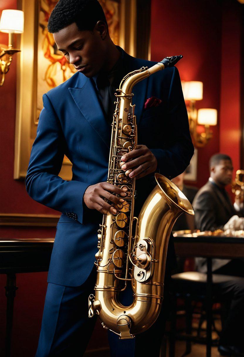 A saxophone gracefully intertwined with soft, flowing ribbons, representing the smooth transition from tutorials to adult themes. In the background, silhouettes of musicians play in a warmly lit jazz club, creating an inviting atmosphere. Tasteful elements such as sheet music and subtle references to adult themes blend seamlessly. The color palette should feature deep blues, rich golds, and warm reds to evoke intimacy and passion. super-realistic. vibrant colors. jazz club ambiance.